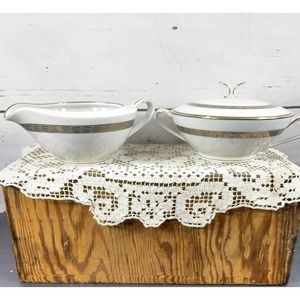 Noritake China Japan Hartford Grey Gold Greek Key Lidded Sugar Bowl And Creamer